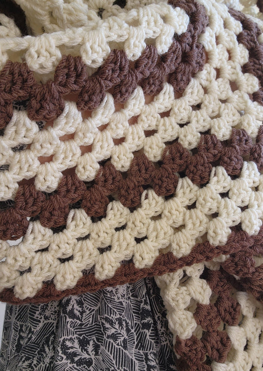 Vintage Hand Crocheted Blanket - Brown and Cream