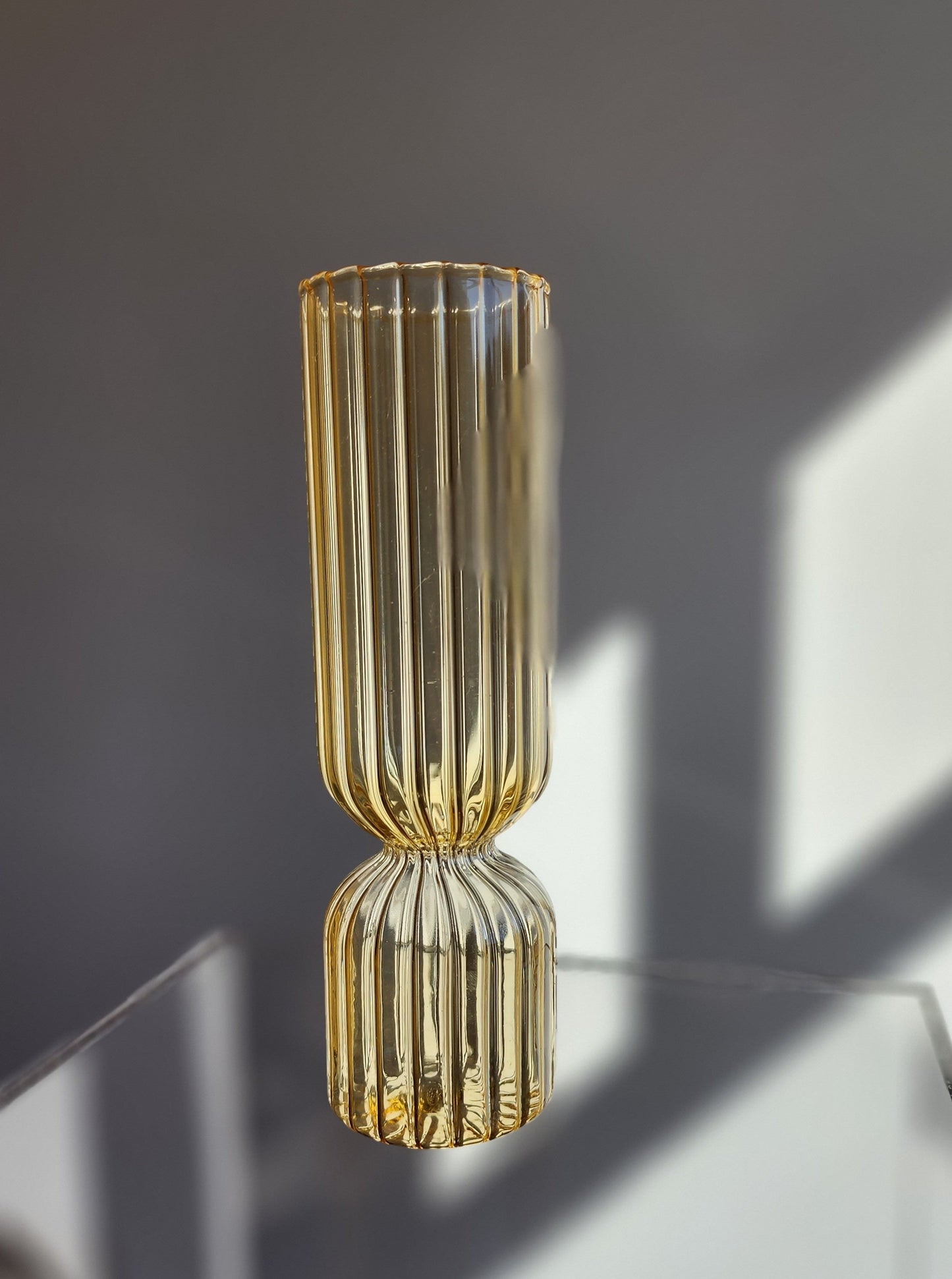 Handmade French Style Ribbed Glass Vase - Amber