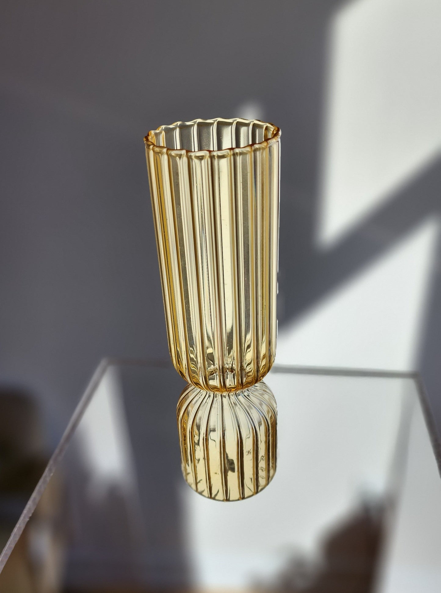 Handmade French Style Ribbed Glass Vase - Amber