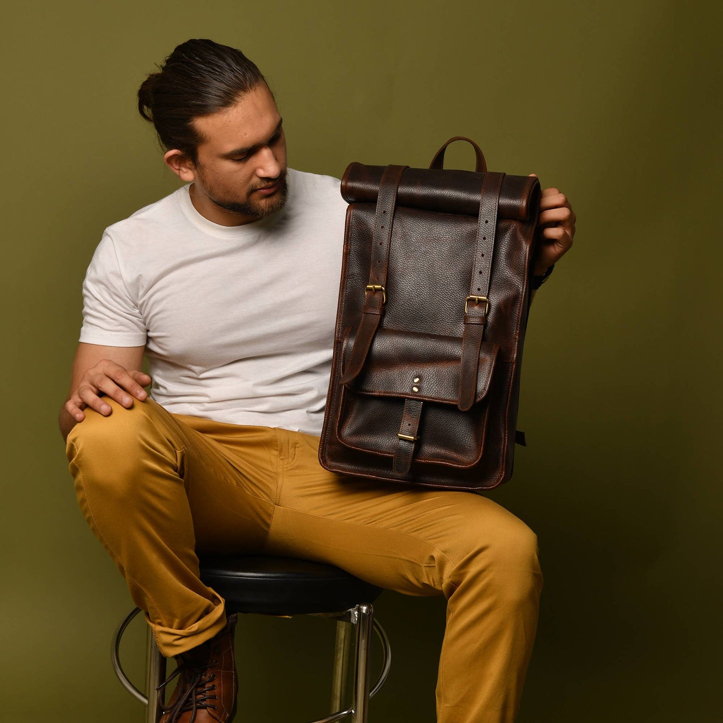 DuVall Leather Rolltop Backpack - Deep Brown
